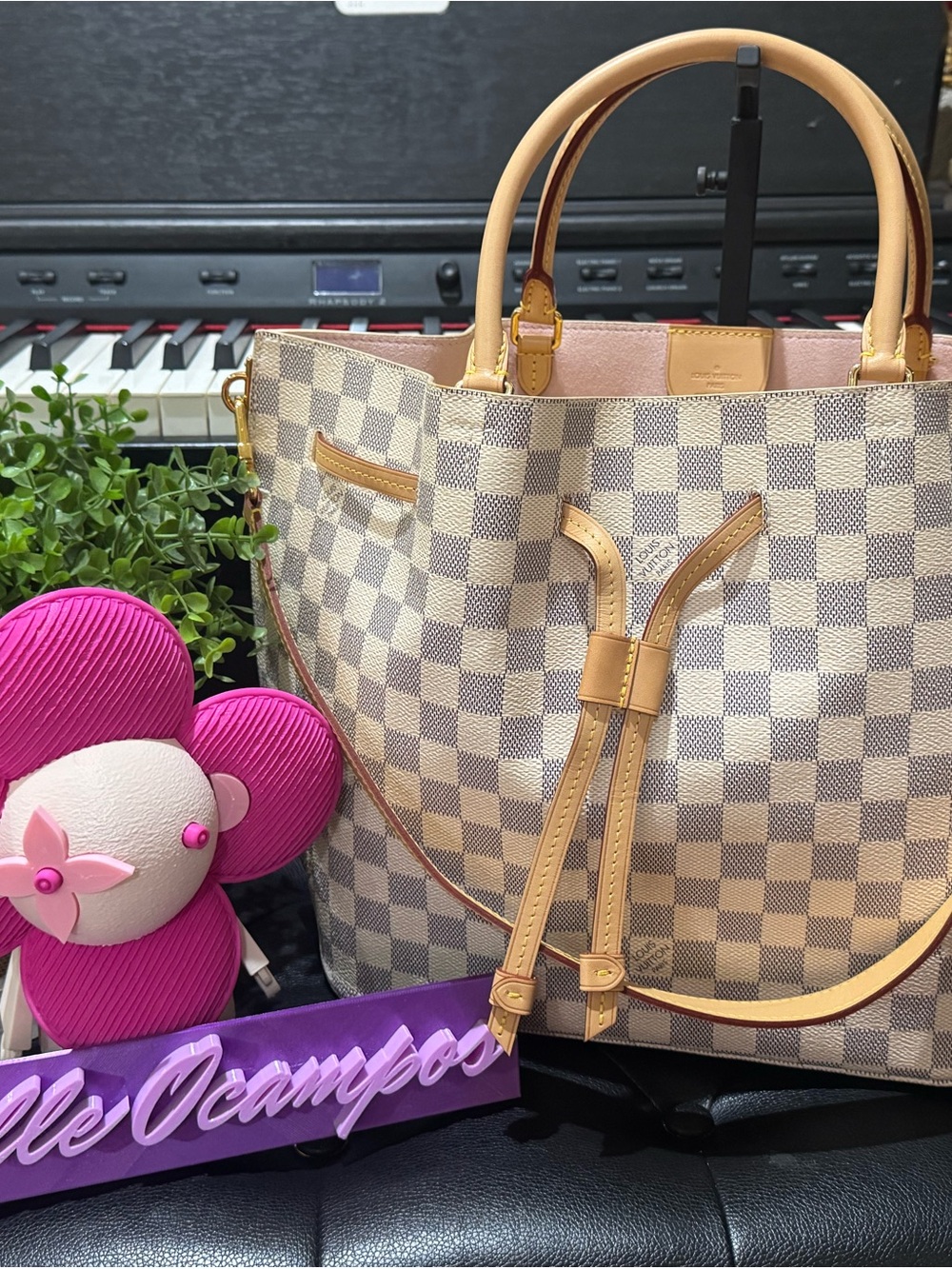 Louis Vuitton Girolata Damier Azur Canvas Tote with Tan Leather Trim